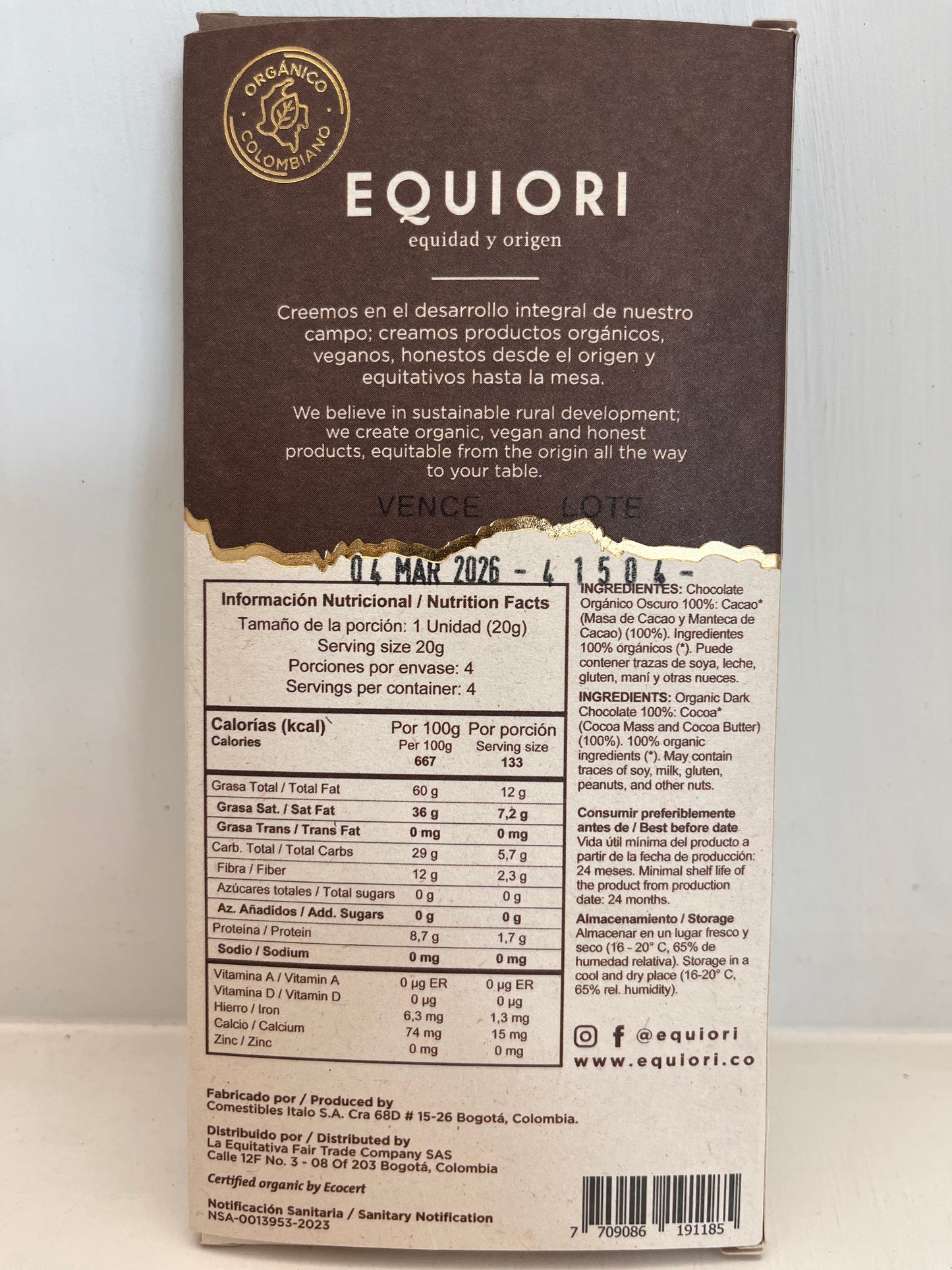 BARRA DE CHOCOLATE OSCURO 100% CACAO