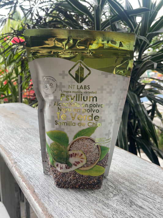 NT Labs linaza molida variedad Psyllium, Alcachofa en polvo, Noni en polvo, Te verde y Semilla de chía