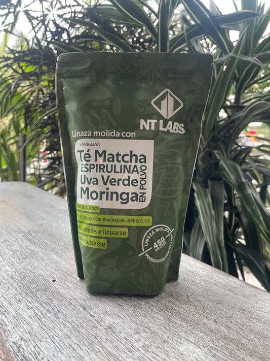 NT Labs linaza molida con variedad Te matcha, Espirulina en polvo, Uva verde, Moringa